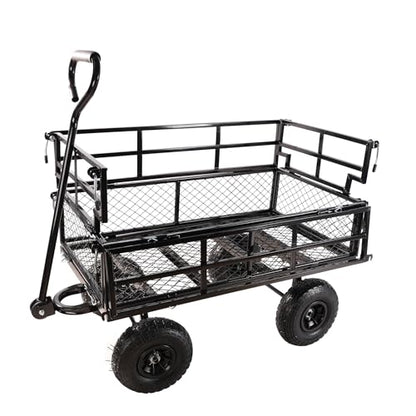 Heavy Duty Garden Wagon with Foldable Sides, Pneumatic Tires, Adjustable Handle (Black Double Layer) - color: Black Double Layer