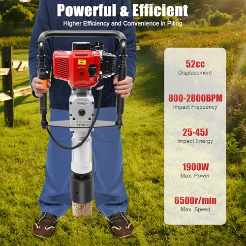 2-Stroke Gas Powered Pile Driver, 52CC 1900W Portable Petrol Piledriver Garden Fencing Tool Farm Piling Driver Air Cooling Single-Cylinder 1L Fuel Tank for Farmland Guardrails, Vegetable Planting - size: 52CC 1900W