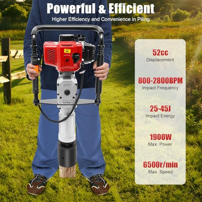 2-Stroke Gas Powered Pile Driver, 52CC 1900W Portable Petrol Piledriver Garden Fencing Tool Farm Piling Driver Air Cooling Single-Cylinder 1L Fuel Tank for Farmland Guardrails, Vegetable Planting - size: 52CC 1900W