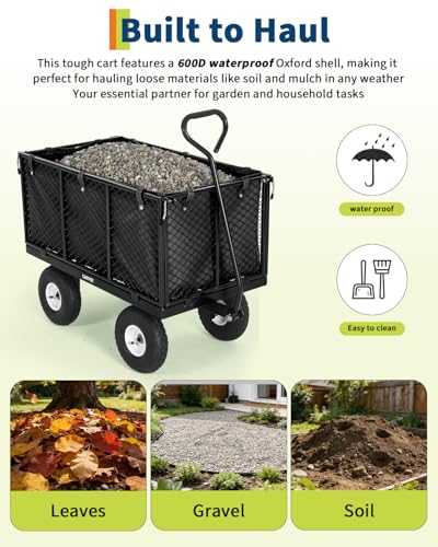 Garvee Versatile Outdoor Utility Cart-800LBS Heavy-Duty, 10" All-Terrain Pneumatic Tires, Easy Maneuverable Lawn Cart with Removable Mesh Panels for Gardening&Landscaping, Black, with Waterproof Liner - color: Black, With Waterproof Liner