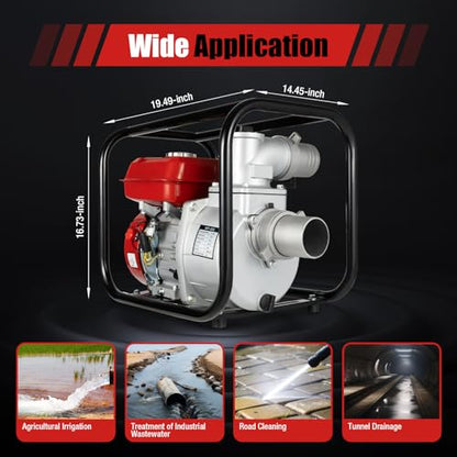 7.5HP Gasoline Water Pump 3 Inch 4-Stroke 196CC High Flow Irrigation Pump Air-Cooled Engine Portable Farm Garden Water Transfer Pump for Heavy Duty Water Movement