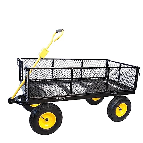 Garden cart The Load can Reach 1100 pounds,and The Large-Size Four-Wheeled Trailer with Detachable Sides can be Used in Farms,Warehouses and Other Places. - color: Big Black+yellow