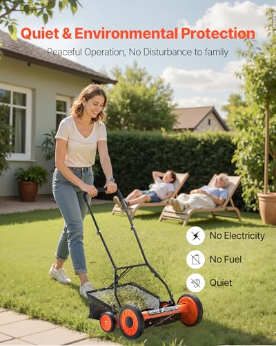 VEVOR Push Reel Lawn Mower 18 inch, 5 Blades Manual Push Mower No Motor, 1.37-2.44 in Adjustable Cutting Height, Walk-Behind Lawn Mowers with Grass Catcher Bag for Green Lawns, Driveways, Courtyards - size: 18 inch