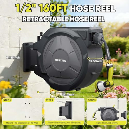 160 FT 1/2" Retractable Garden Hose Reel, Wall Mount - color: Green, size: 160FT-1/2"