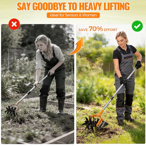 Manual Hand Tiller for Gardening, Rotary Cultivator with Tilling Blade