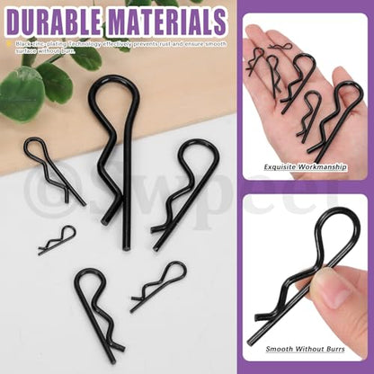 Swpeet 145Pcs 6 Sizes Black Zinc-Plated Carbon Steel Cotter Pin Assortment Kit, Hitch Pin Clip, R Clips, Retaining Pins, Hair Pin, Hardware Pins, Spring Fastener for Dolly Pins Trailer Pin Clips