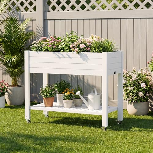 Raised Garden Bed with Shelf, Rolling Resin Planter Box, Ashen - color: Ashen, size: 33.7" H