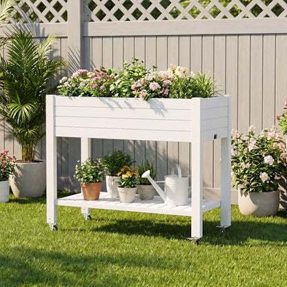 Raised Garden Bed with Shelf, Rolling Resin Planter Box, Ashen - color: Ashen, size: 33.7" H
