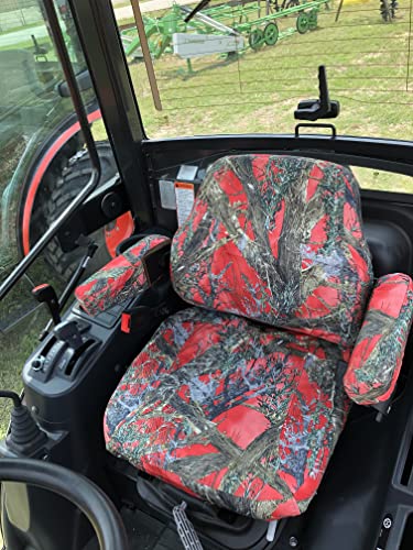 Durafit Seat Covers, Compatible with 2022+ KIOTI CK,DK and NS Series Tractor, CAB ONLY Grammar Suspension seat. Two Piece Vinyl seat, with ARMREST. Red Camo Waterproof Endura.