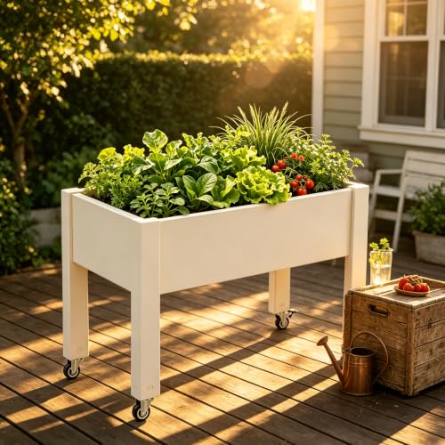 Elevated Raised Garden Bed with Wheels，74" Planter Outdoor Plants,White - color: White, size: 26.3"h