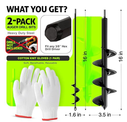 2pk Auger Drill Bit for Planting with Gloves (1.6 x 16 Inch & 3.5 x 16 Inch Set) - Heavy Duty Garden Spiral and Bulb Planter Tool for Digging Holes - Compatible with 3/8 Inch Hex Drive - size: 1.6 x 16 + 3.5 x 16 Inch