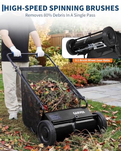 21" Push Lawn Sweeper, 6 Cu.Ft. Hopper, 3 V-Shaped Brushes, Height Adjustable - color: Black, size: 21in