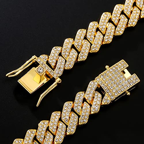 JUNVirtuous Cuban Link Chain Mens Iced Out Miami Cuban Necklace Silver/Gold Bling Diamond Hip Hop Jewelry for Women - color: 16 inch Gold Necklace