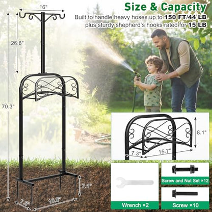 Gtongoko Garden Hose Holder for Outside 70" with 4 Prongs Base & 2 Shepherds Hooks Heavy Duty Freestanding Metal Water Hose Holder Stand Holds Up to 150FT Hose & 44LB Detachable Hose Storage for Yard - size: 70 Inch