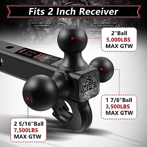 XPE Tri Ball Trailer Hitch Mount with Hook Fits 2 Inch Receiver Matte Black