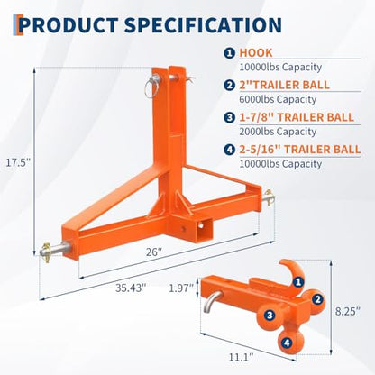 3 Point Trailer Hitch for Tractor with 2" Receiver & Ball Hook - Heavy Duty Quick Hitch Attachment, Category 1 Compatible, 10000 Lbs Capacity