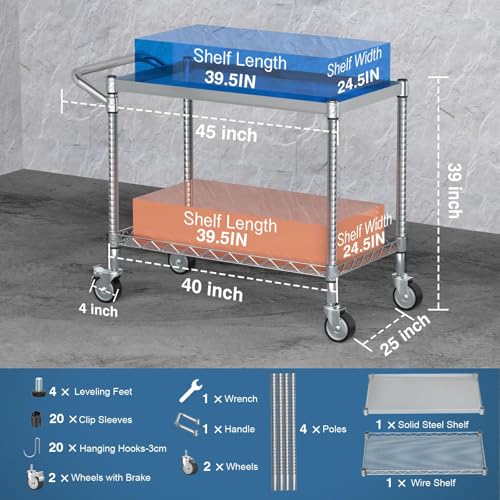 Utility Tool Cart with Wheel, 45In Large Rolling Utility Carts with Handle - color: 2-silver, size: 2 Tier