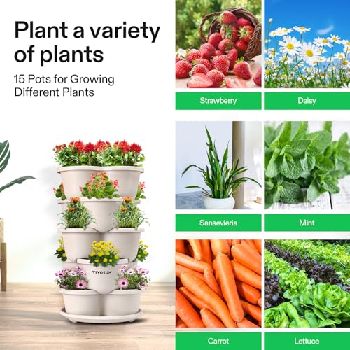 VIVOSUN 5 Tier Vertical Gardening Stackable Planter for Flowers, Ivory - size: 1 Pack