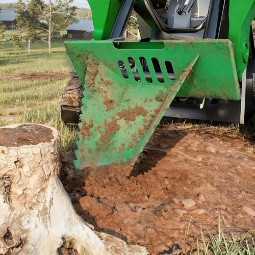 Heavy Duty Stump Bucket for Skid Steer Quick Attach, AR400 Serrated Edge Tree Scoop Digger, Tractor Loader Attachment for Root Removal, Green