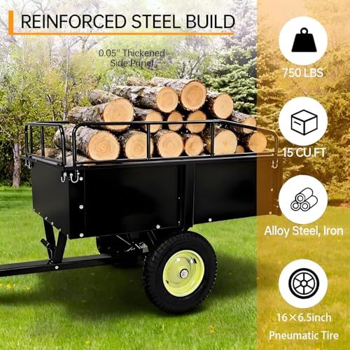 750LB Heavy Duty Dump Cart with Removable Gate, 15 Cu Ft Steel Garden Cart with Pneumatic Tires, Durable Yard Wagon for Lawn, Farm, Tractor, ATV Utility Trailer - color: Yellow