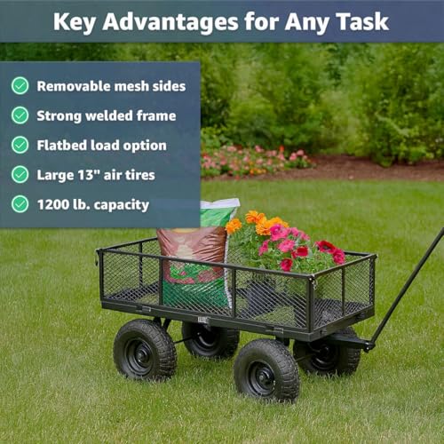 51.2" x 23" Steel Garden Utility Cart - 1,200 lb Capacity - Heavy-Duty Mesh Wagon with Removable Sides, Flatbed Conversion, 13" Pneumatic Tires for Landscaping, Yard, Farm, and Commercial Use - size: 1200 lb