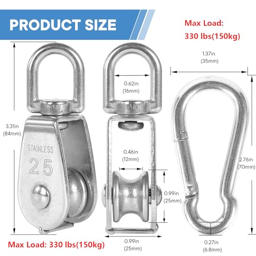 2X 304 Stainless Steel M25 Single Swivel Rope Pulley Blocks with Snap Hooks - size: M25-2pcs