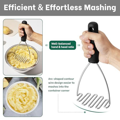 Beneno Ergonomic Soft Grip Stainless Steel Potato Masher, Black - color: Black