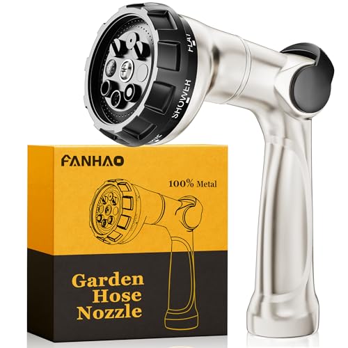 FANHAO Thumb Control Garden Hose Nozzle Heavy Duty Metal, 8 Spray Patterns - color: Silver