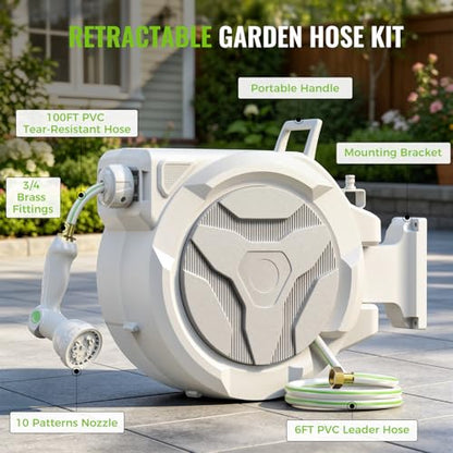 Retractable Garden Hose Reel 1/2"x100ft Wall Mount with 10-Function Nozzle - color: White