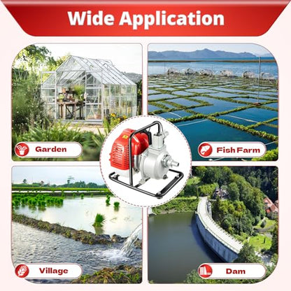 Gas Gasoline Water Pump, 43CC 2HP 7000rmp 2-Stroke Industrial Water Pump Air-Cooled Gasoline High Pressure Pump for Irrigation Pool, Landscaping or Gardening Irrigation