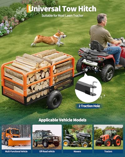 Garvee ATV Trailer Heavy Duty Steel Dump Cart 1600 Lbs 22 Cubic Feet Garden Utility Trailer,Hand Pull or Foot Pedal with Removable Sides Tow Behind Dump Cart for ATV, UTV, Lawn Mowers and Tractors