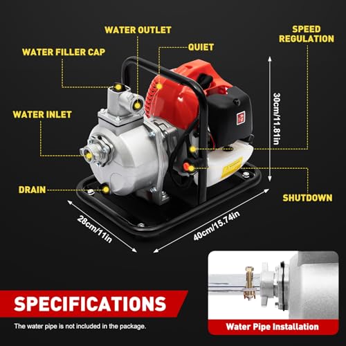 1" Inch Water Transfer Pump,1.7HP 40.2CC 2-Stroke Portable Gas Engine Powered Water Pumps Transfer,Single Cylinder Gasoline,6500 rpm,8,000L/hour