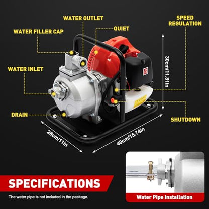 1" Inch Water Transfer Pump,1.7HP 40.2CC 2-Stroke Portable Gas Engine Powered Water Pumps Transfer,Single Cylinder Gasoline,6500 rpm,8,000L/hour