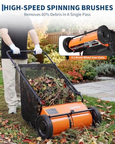 21" Push Lawn Sweeper, 6 Cu.Ft. Hopper, 3 V-Shaped Brushes, Height Adjustable - color: Orange, size: 21in