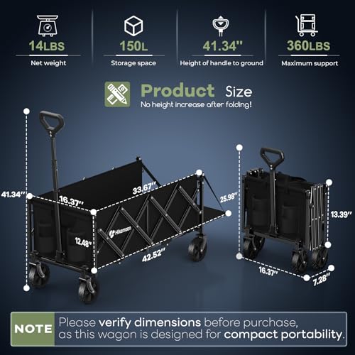 HIKEMOON 43'' Extra Long Folding Wagon with Extended Tailgate, Black - color: Black