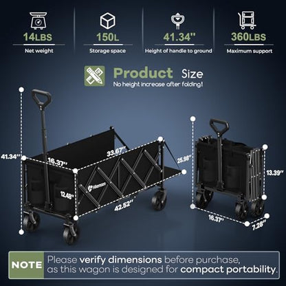 HIKEMOON 43'' Extra Long Folding Wagon with Extended Tailgate, Black - color: Black