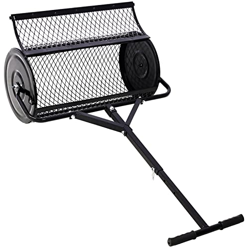 24" Peat Moss Spreader for Lawns Compost, Fertilizer, Topsoil, and Seed Spreader Roller, Heavy Duty Metal Mesh Lawn & Garden Drop Spreader, Adjustable Push T-Handle Manure Roller - size: 0.5" x 1" mesh