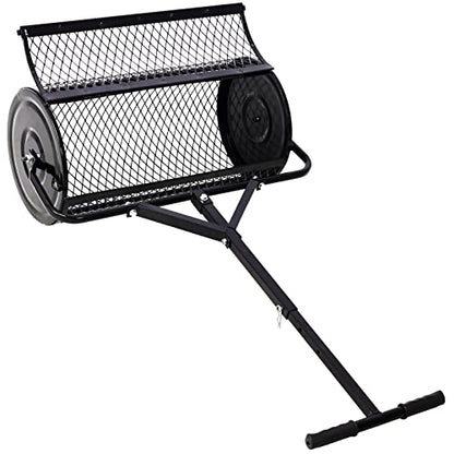 24" Peat Moss Spreader for Lawns Compost, Fertilizer, Topsoil, and Seed Spreader Roller, Heavy Duty Metal Mesh Lawn & Garden Drop Spreader, Adjustable Push T-Handle Manure Roller - size: 0.5" x 1" mesh