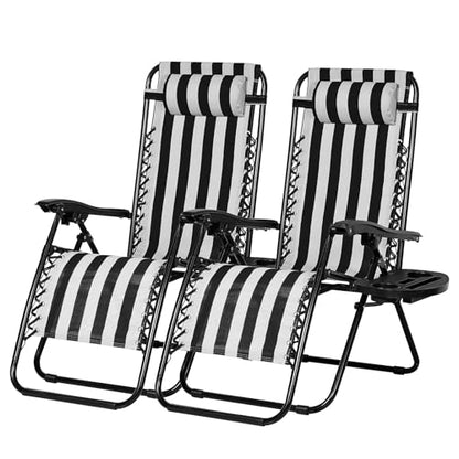 Nazhura Set of 2 Relaxing Recliners Patio Chairs Adjustable Steel Mesh Zero Gravity Lounge Chair Beach Chairs with Pillow and Cup Holder Khaki (Black/White Stripe) - color: Black/White Stripe