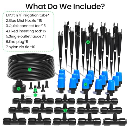 MIXC 65FT Drip Irrigation System, Quick Connect Misting System, 15 Nozzles - size: 65FT(Updated)
