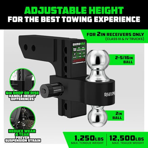 Rhino USA Adjustable Trailer Hitch (2in Receiver) - 6in Drop/Rise - color: Black, size: 2"x6"