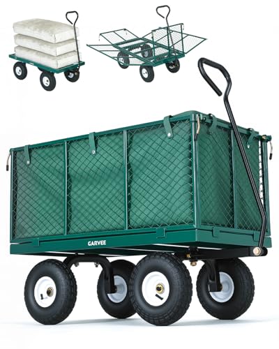 Garvee Versatile Outdoor Utility Cart-800LBS Heavy-Duty, 10" All-Terrain Pneumatic Tires, Easy Maneuverable Lawn Cart with Removable Mesh Panels for Gardening&Landscaping, Green, with Waterproof Liner - color: Green, With Waterproof Liner