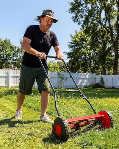 IDEALHOUSE Manual Push Reel Lawn Mower – 14-Inch 5-Blade –