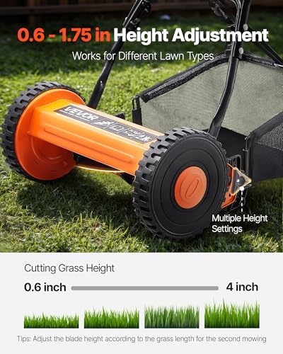 VEVOR Push Reel Lawn Mower 14 inch, 5 Blades Manual Push Mower No Motor, 0.6-1.75 in Adjustable Cutting Height, Walk-Behind Lawn Mowers with Grass Catcher Bag for Green Lawns, Driveways, Courtyards - size: 14 inch