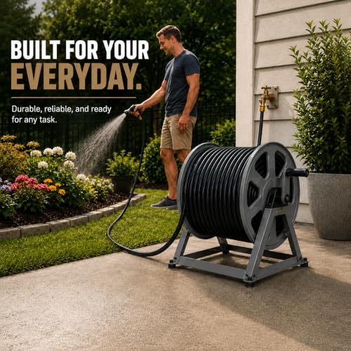 Dual Floor and Wall Mounted Garden Hose Reel, Holds 200ft of Water Hose, Heavy Duty Metal Hose Reel, Space Saving Hose Reel Organizer for Yard, Garage & Shed (Graphite) - color: Graphite