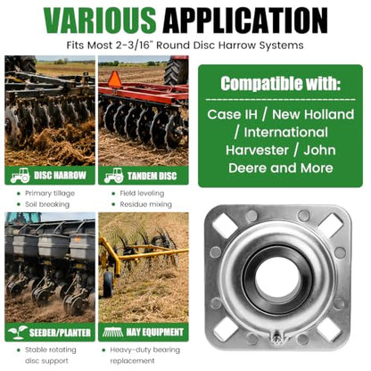 Disc Harrow Flange Bearing 2-3/16" Round Bore, 4-Bolt Harrow Disc Bearing Compatible with FD211RB FD211RBA, Harrow Disc Bearing 2-3/16 Inch Bore Replacement for Agricultural Tool Case-IH New Holland