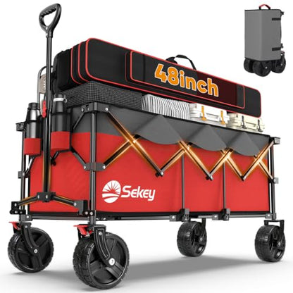 Sekey 300L Extended Collapsible Wagon, 660 lb Capacity, 48 in Long - color: Red&grey