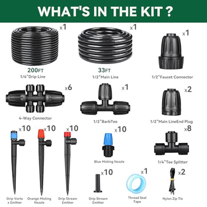 Drip Irrigation System for Garden, 2026-Upgraded Quick Connect Garden Watering Kit All-in-One with 1/2 inch 1/4 inch Irrigation Tubing for Garden, Lawn, Greenhouse, Raised Beds (233FT) - size: 233FT