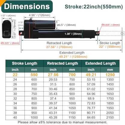 JQDML 22 Inch Stroke Linear Actuator 12V 440 lbs Heavy Duty IP65 Waterproof - size: 22"
