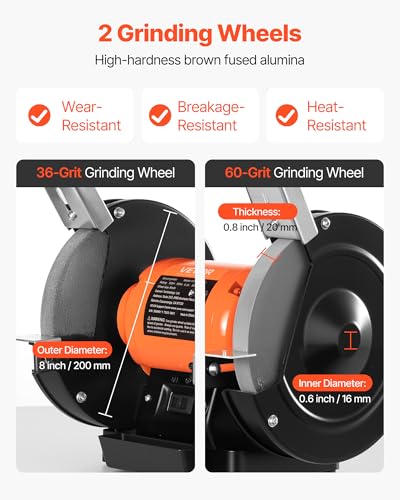 VEVOR Bench Grinder, 8-inch Single Speed, 3450RPM High-Speed Table Grinders with 750W 6.2A 1.0Hp Induction Motor, 36/60-Grit Grinding Wheel & Adjustable Eye Shield for Fast Sharpening Grinding